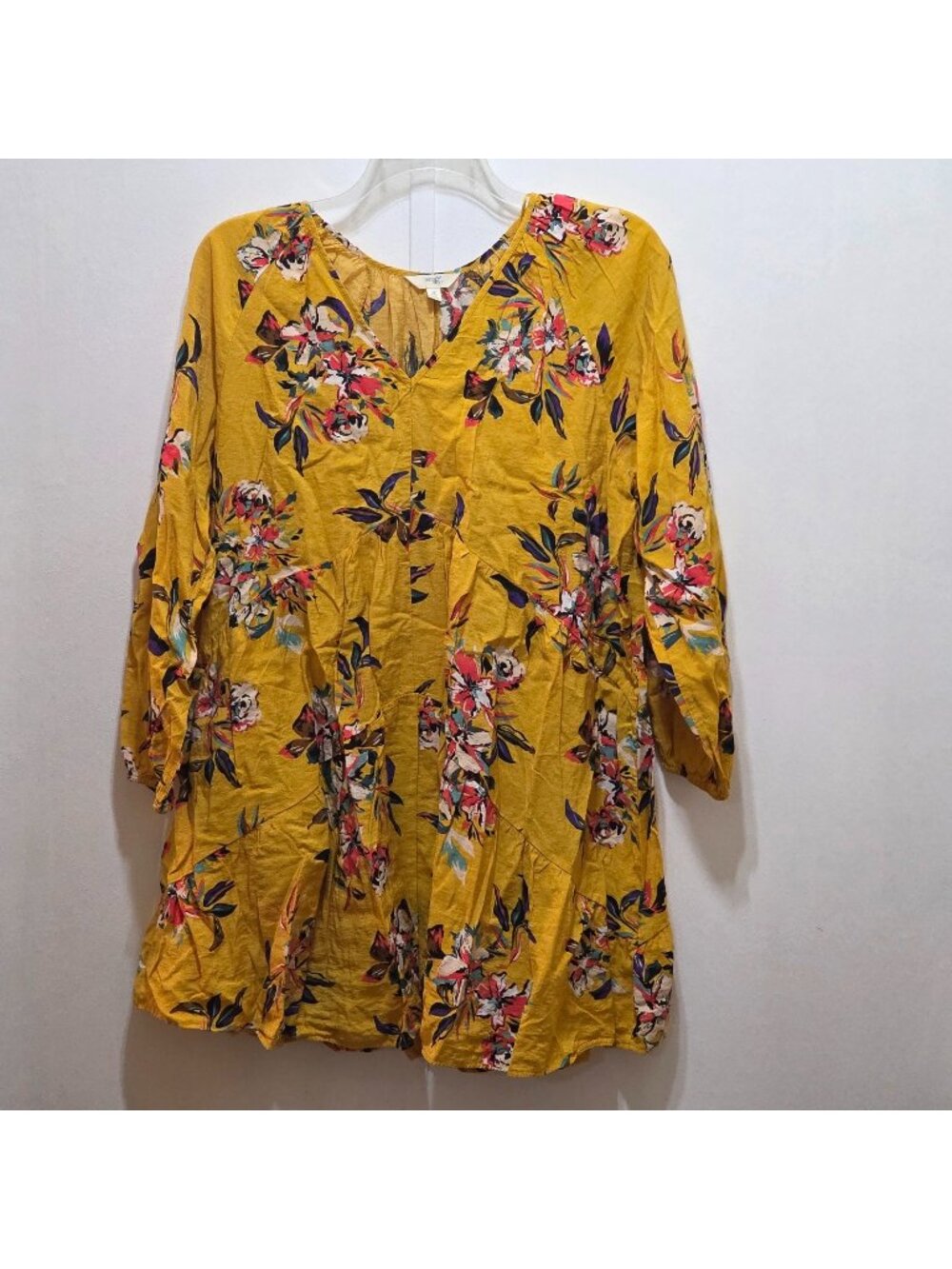 Terra & Sky Mustard Yellow Multicolor Floral L/S V-Neck Dress 0X 14W